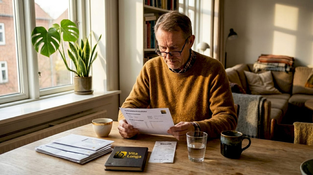 En mand sidder hjemme ved spisebordet og gennemgår sine helbredsoplysninger.
