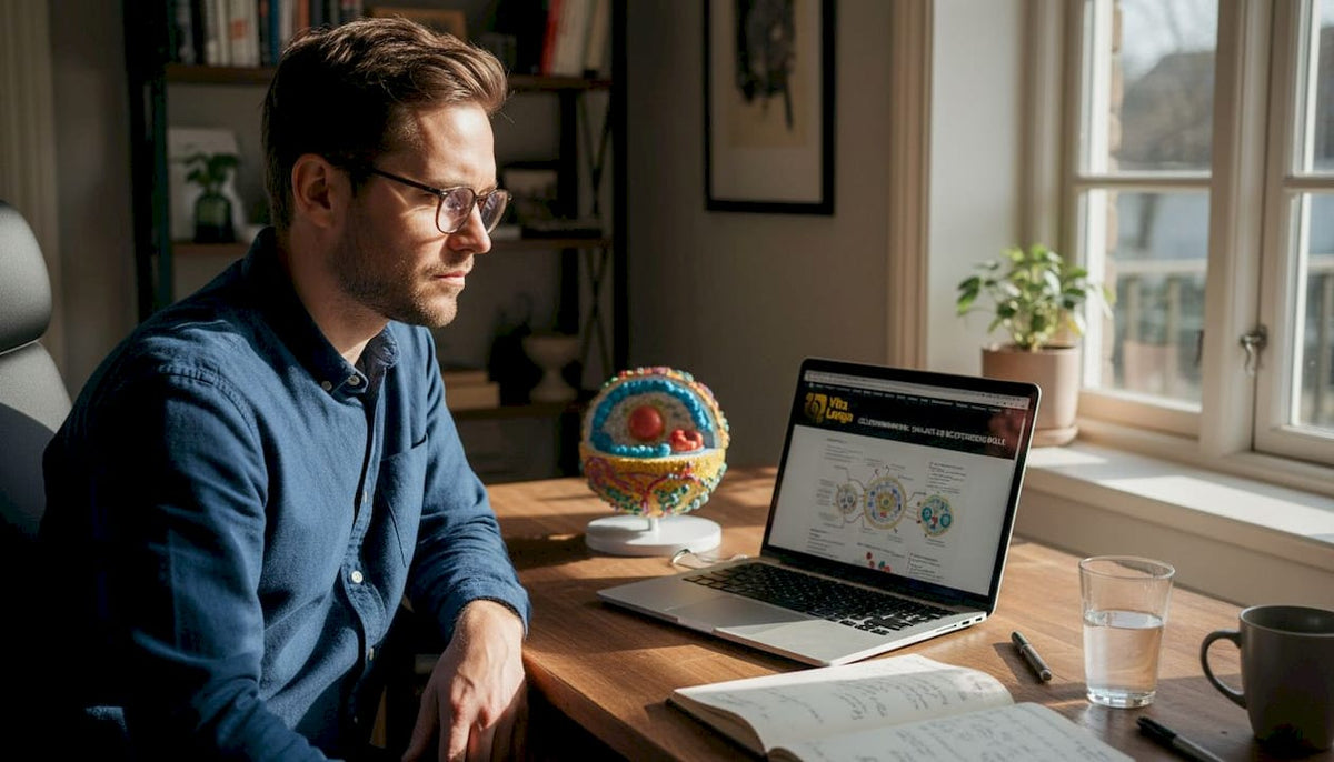 En biokemiker fordyber sig i cellekommunikation ved sit skrivebord.