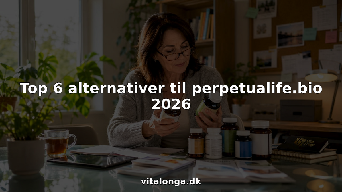 En kvinde sidder ved køkkenbordet og sammenligner forskellige kosttilskud, mens hun overvejer, hvilken der passer bedst til hendes behov.