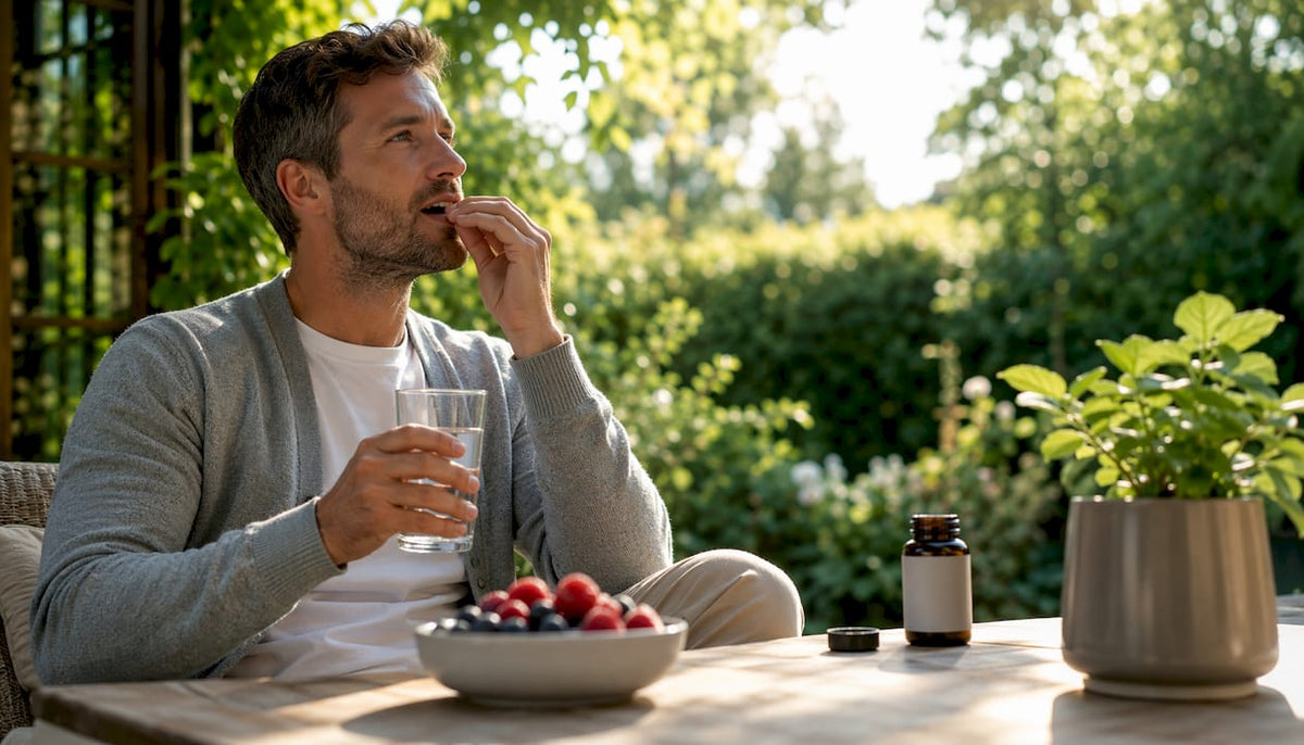 En mand sidder ved køkkenbordet og tager sin daglige vitaminpille.
