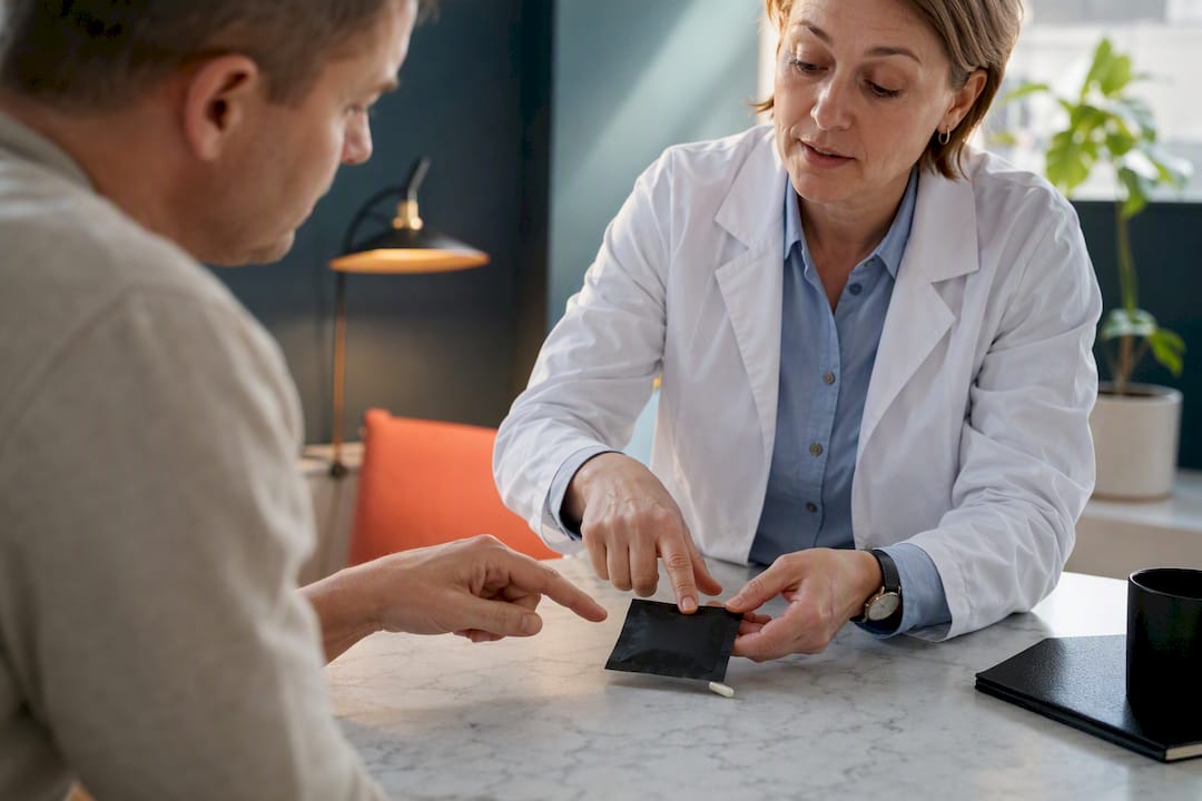 Patient diskuterer medicin med apotekeren