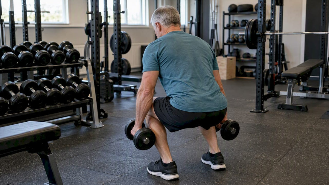Mand over 50 laver squats med håndvægte