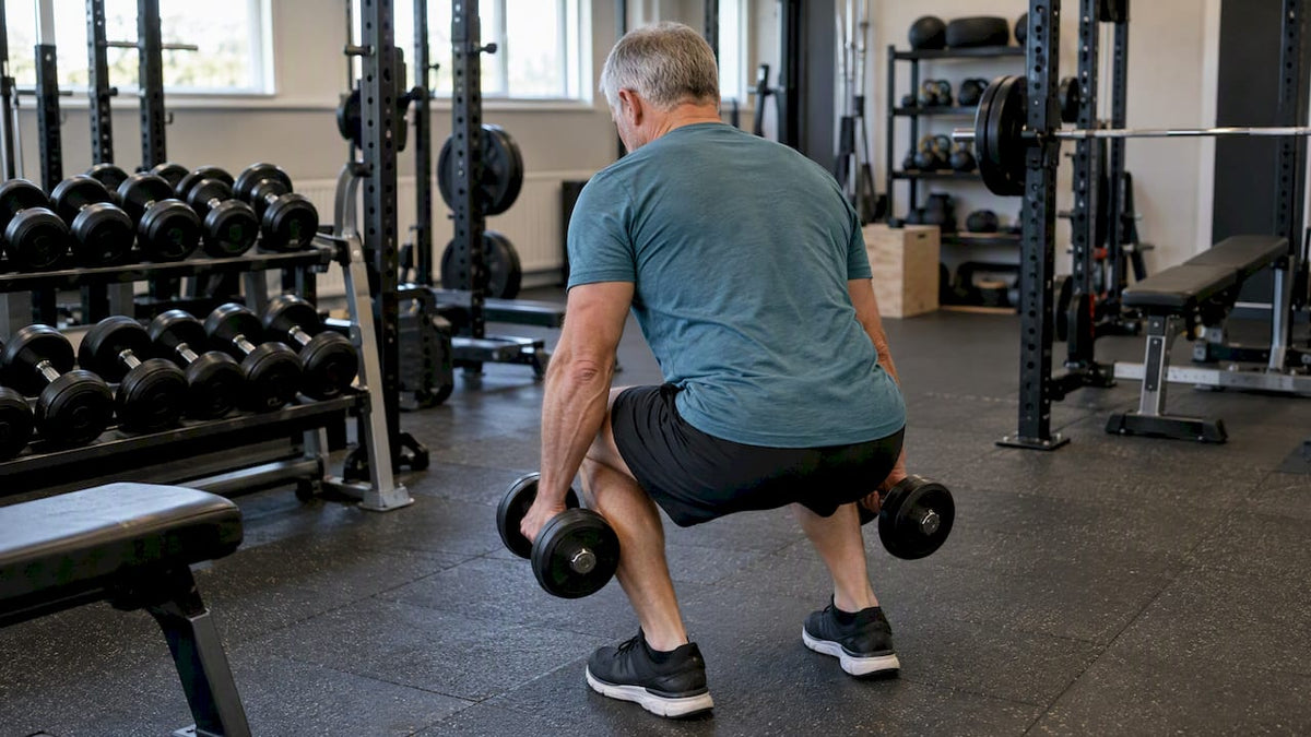 Mand over 50 laver squats med håndvægte